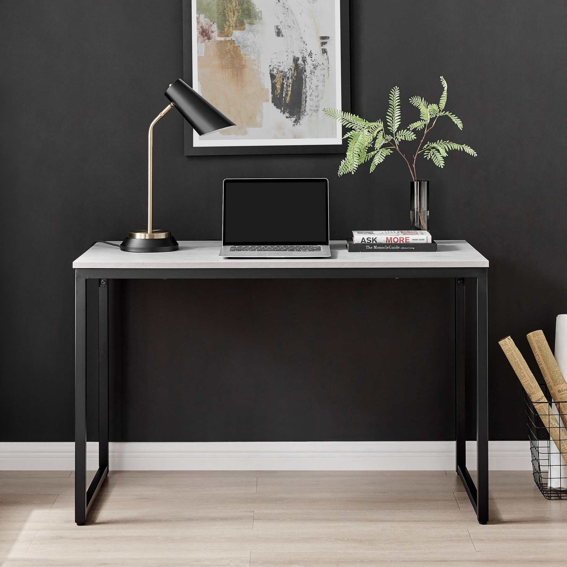 Home Office Desk Grey Marble Black Legs 120cm | Office Desk
